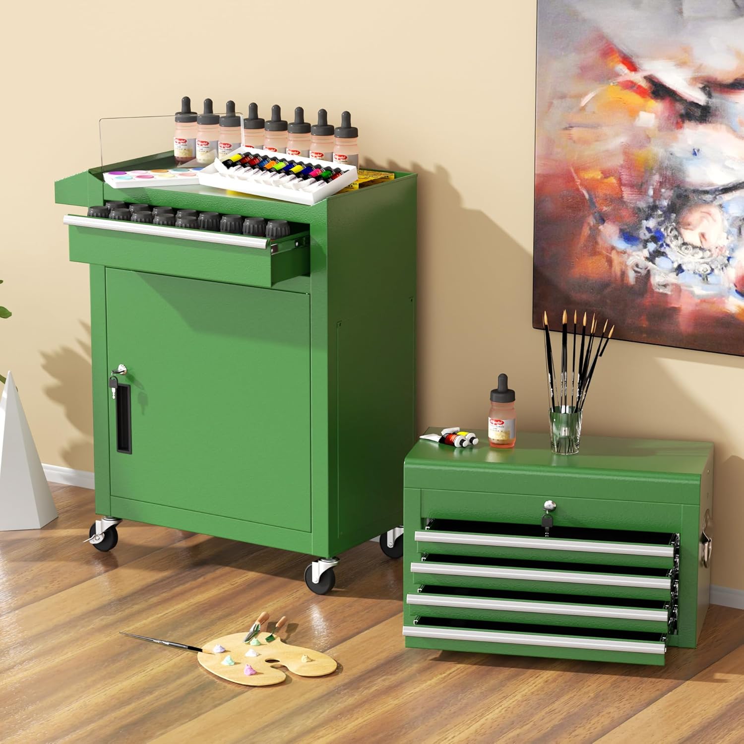 INTERGREAT Tool Chest Cabinet, 5-Drawer Rolling Tool Chest with Detachable Top Tool Box, Tool Chests with Universal Lockable Wheels, Metal Tool Cart for Garage, Workshop, Barbershop(Green)