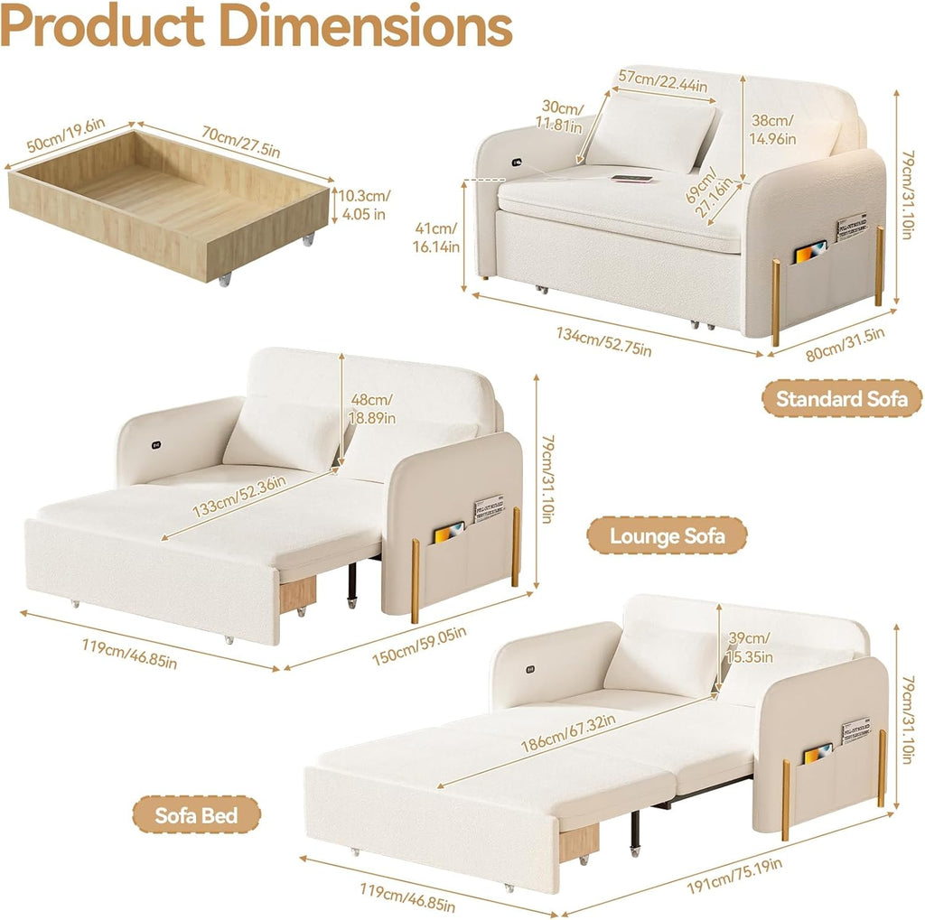 3-In-1 Convertible Sofa Bed with USB Ports, Pull Out Couch for Living Room Teddy Suede Fabric, Loveseat Sleeper Sofa with Side Pockets, 2 Pillows, Hide a Bed Couches for Small Spaces（US Fast Arrival）