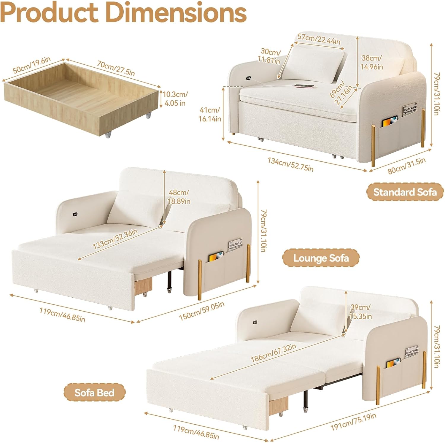 3-In-1 Convertible Sofa Bed with USB Ports, Pull Out Couch for Living Room Teddy Suede Fabric, Loveseat Sleeper Sofa with Side Pockets, 2 Pillows, Hide a Bed Couches for Small Spaces（US Fast Arrival）