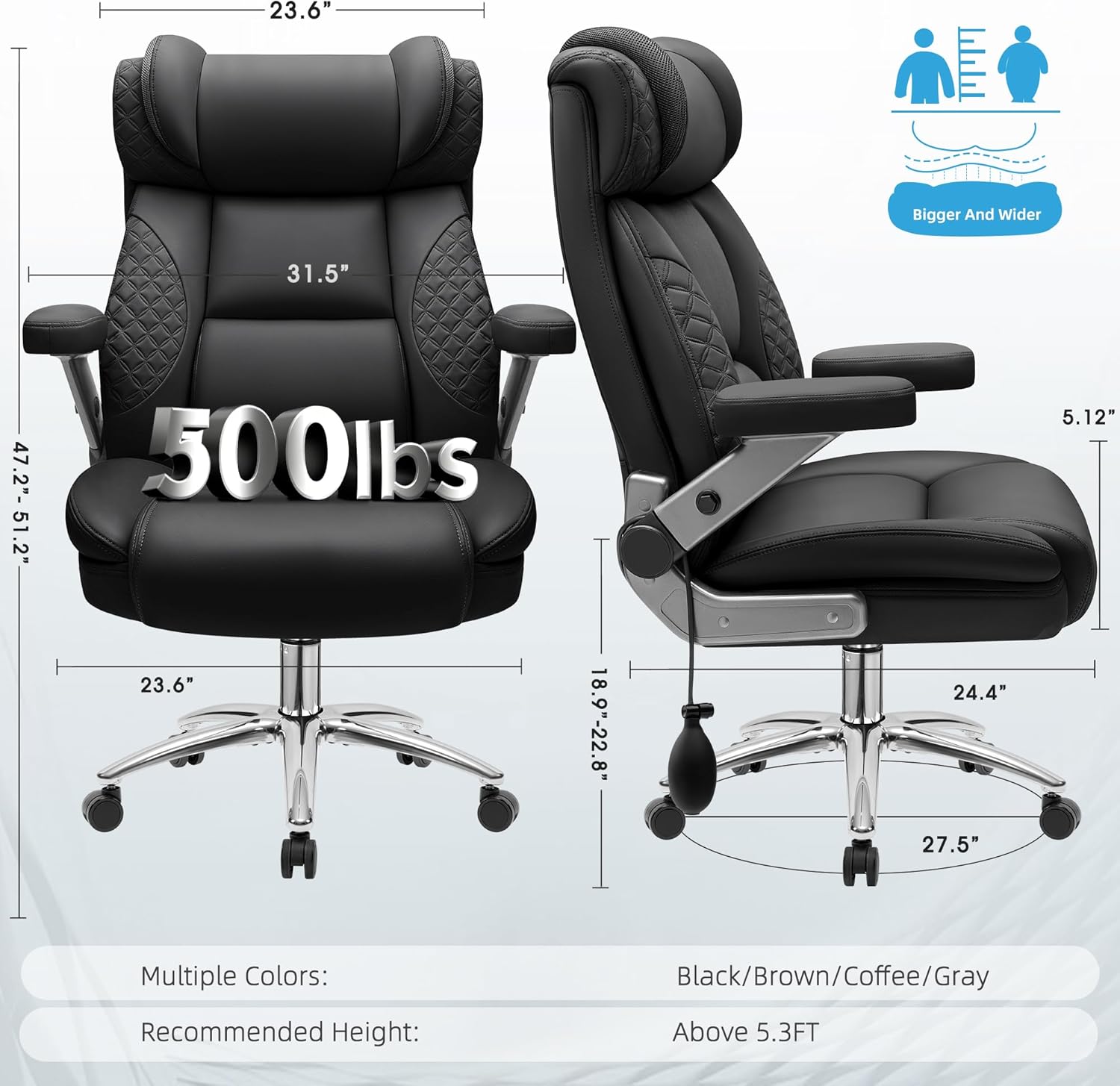 Big and Tall Office Chair, Desk Computer Chair for Heavy People, Oversized Executive Gaming Chair, Extra Wide 500LBS Ergonomic Comfy Office Chair with Adjustable Lumbar Support & 5D Flip Arms