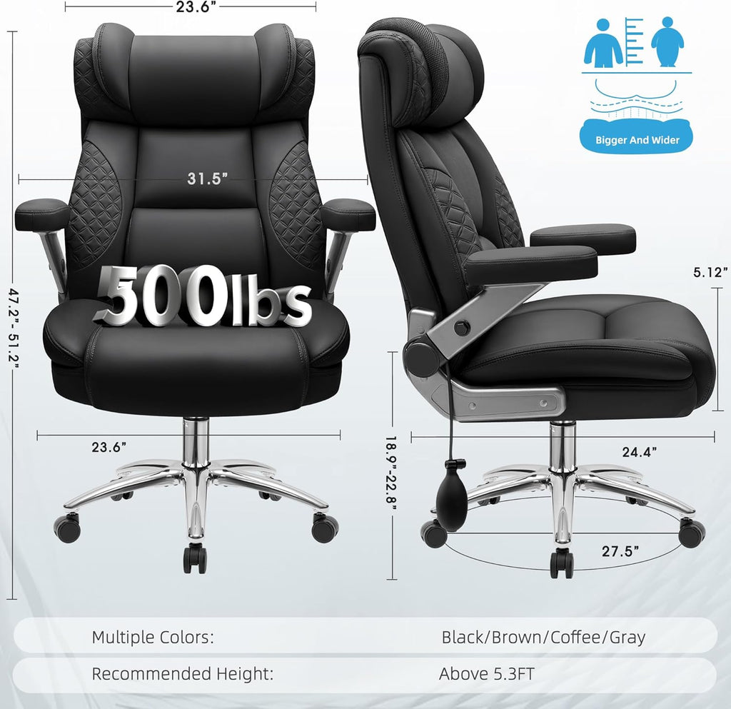 Big and Tall Office Chair, Desk Computer Chair for Heavy People, Oversized Executive Gaming Chair, Extra Wide 500LBS Ergonomic Comfy Office Chair with Adjustable Lumbar Support & 5D Flip Arms