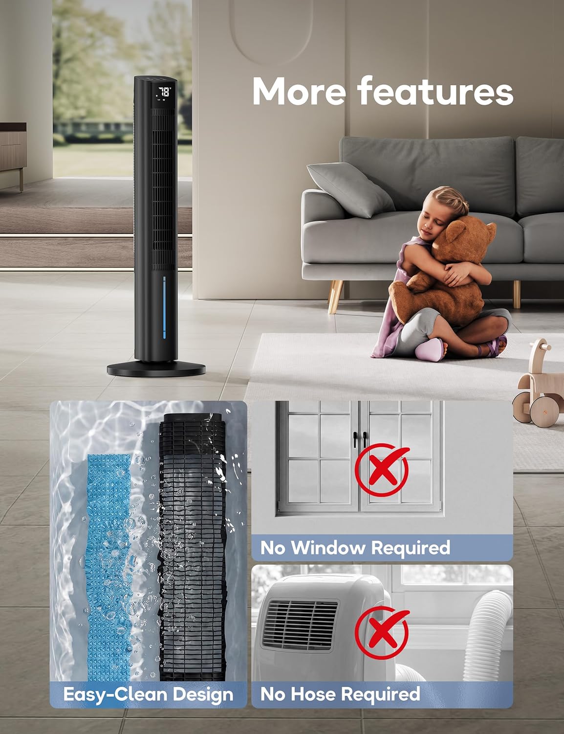 Windowless Portable Air Conditioners, 45" 3-IN-1 Evaporative Cooler for Room No window, 12H Timer & 60° Swing, 1.06Gal Water Tank & 4 Ice Packs, Quiet Portable ac Unit with Remote for Bedroom