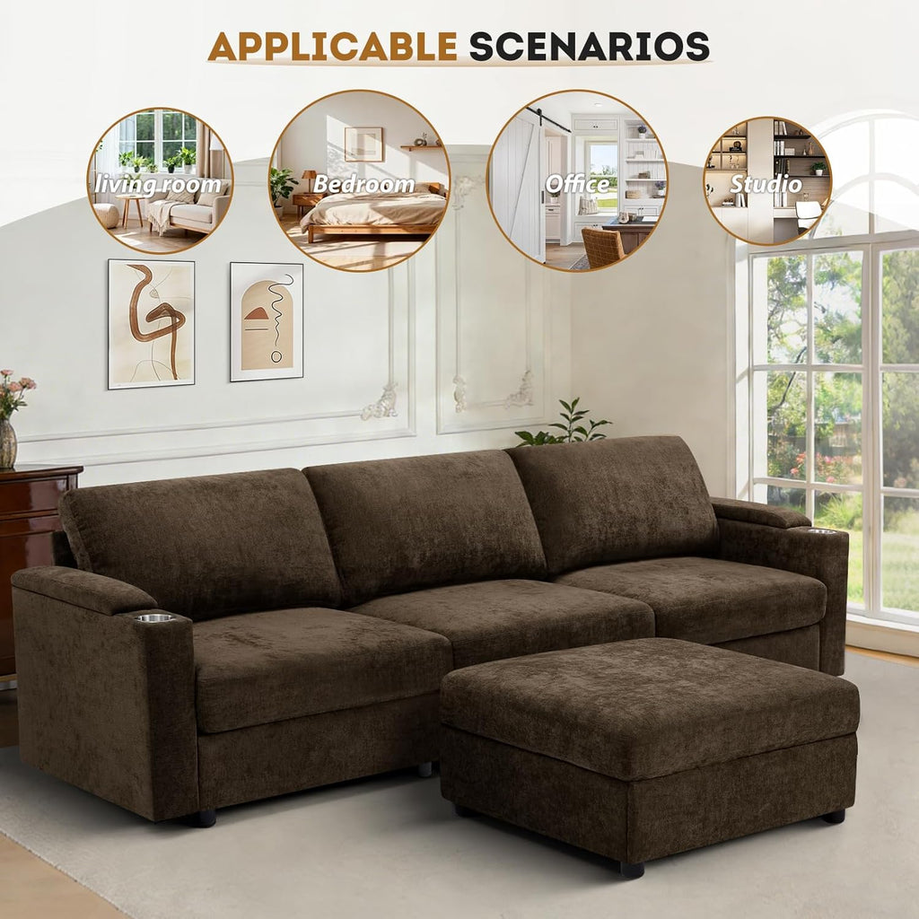 108'' Chenille Sectional Couch with Storage Armrests,L Shaped Upholstered Sofa with Movable Ottoman, 4-Seat Modular Couch with Cup Holders for Living Room, Brown