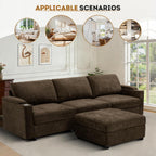 108'' Chenille Sectional Couch with Storage Armrests,L Shaped Upholstered Sofa with Movable Ottoman, 4-Seat Modular Couch with Cup Holders for Living Room, Brown