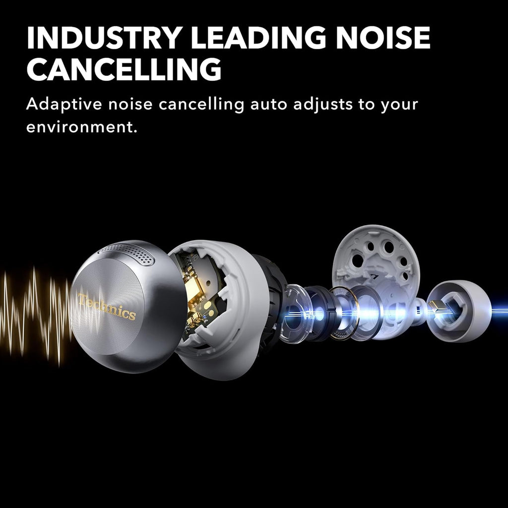 Technics Reference Class Hi-Fi Wireless Earbuds, Dolby Atmos with Head Tracking, Adaptive Noise Cancelling, 3 Device Multipoint, 10-hr Battery, Wireless Charging, Improved Fit - EAH-AZ100-S (Silver)