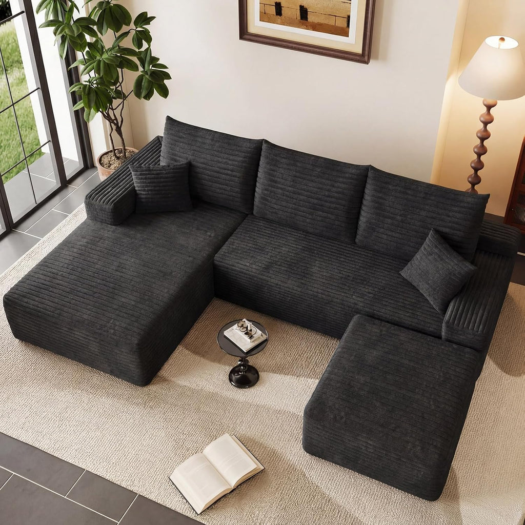 95" U-Shape Cloud Couch, Modern Modular Sectional L-Shape Sofa with Ottoman, Corduroy Upholstered Couches Deep Seat Sleeper Chaise Longue for Living Room, No Assembly Required(Black, Left Facing)