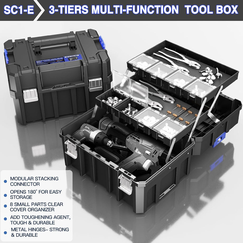 4 Tier Stackable Rolling Tool Box with Wheels | Modular Tool Organizer Box Storage System | Portable Tool Box with Drawers | Tough and Durable | For Garage Storage | Home Repairs | Professional Work