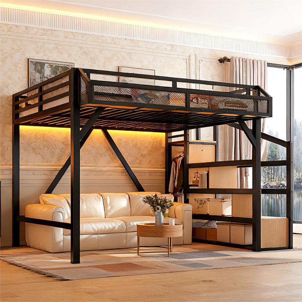 Bellemave Queen Loft Bed Frame with Storage Stairs, Beside Shelf & Wardrobe, Metal Queen Size Loft Bed with USB Ports&LED Light, Large Under-Bed Space Loft Beds for Adults,Teens, Kids, Black Natural