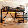 Bellemave Queen Loft Bed Frame with Storage Stairs, Beside Shelf & Wardrobe, Metal Queen Size Loft Bed with USB Ports&LED Light, Large Under-Bed Space Loft Beds for Adults,Teens, Kids, Black Natural