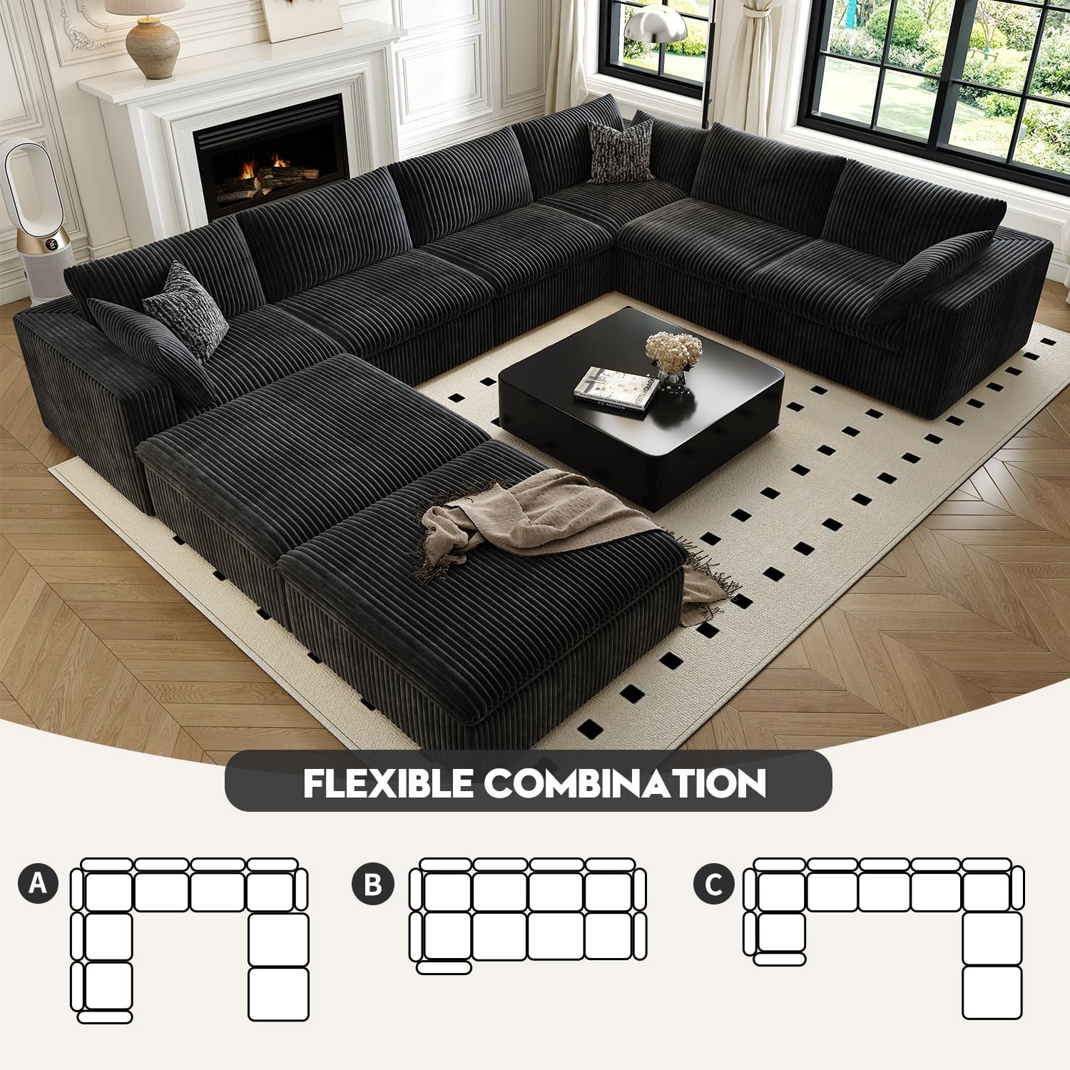 157.5" Cloud Couch Oversized Modular Sectional Sofa for Living Room,Modern Sofa with Deep Seat .8 Seater Boneless Couch with 2 Ottoman,Comfy Upholstered Couches for Apartment, Studio, Office,Black