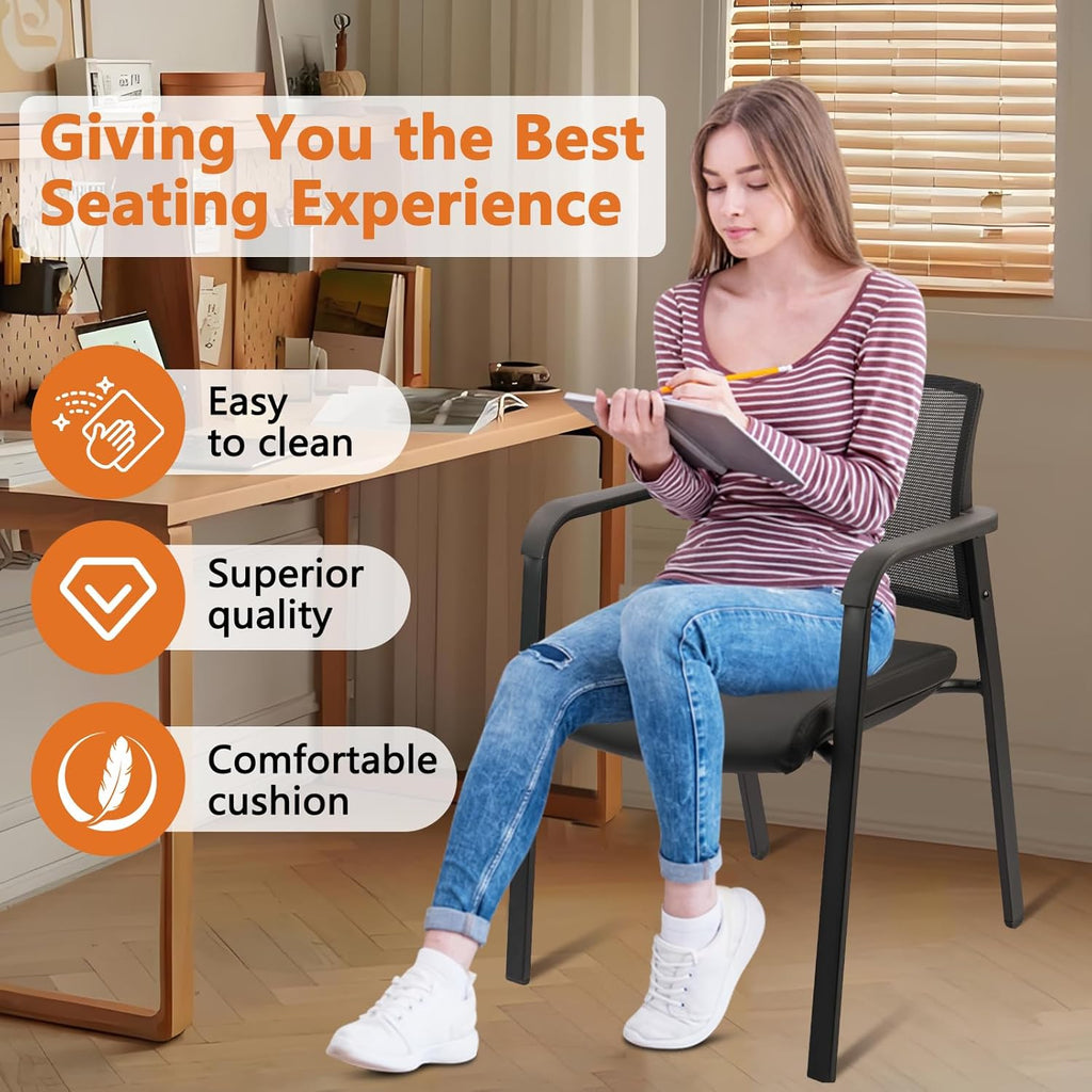 CLATINA Stackable Office Chair, Mesh Back Guest Chairs with Comfortable Leather Seat Arms Stacking Ergonomic Desk Chair No Wheels for Conference Waiting Reception School Stationary, Set of 4, Black