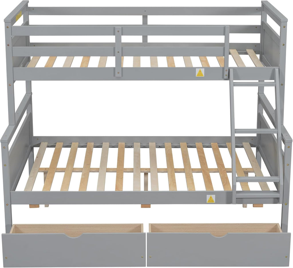 Merax Twin Over Full Bunk Bed with 2 Storage Drawers, Ladder and Guardrail, Can be Converted into 2 Separated beds, Grey