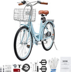 VEVOR Women Bike, 7-Speed and 1-Speed, 24-26 Inch Pink and Light Blue Beach Cruiser Bike, with Large Capacity Basket and Rear Rack, Adjustable Seat, Fits for Cycling, Exercise & Shopping