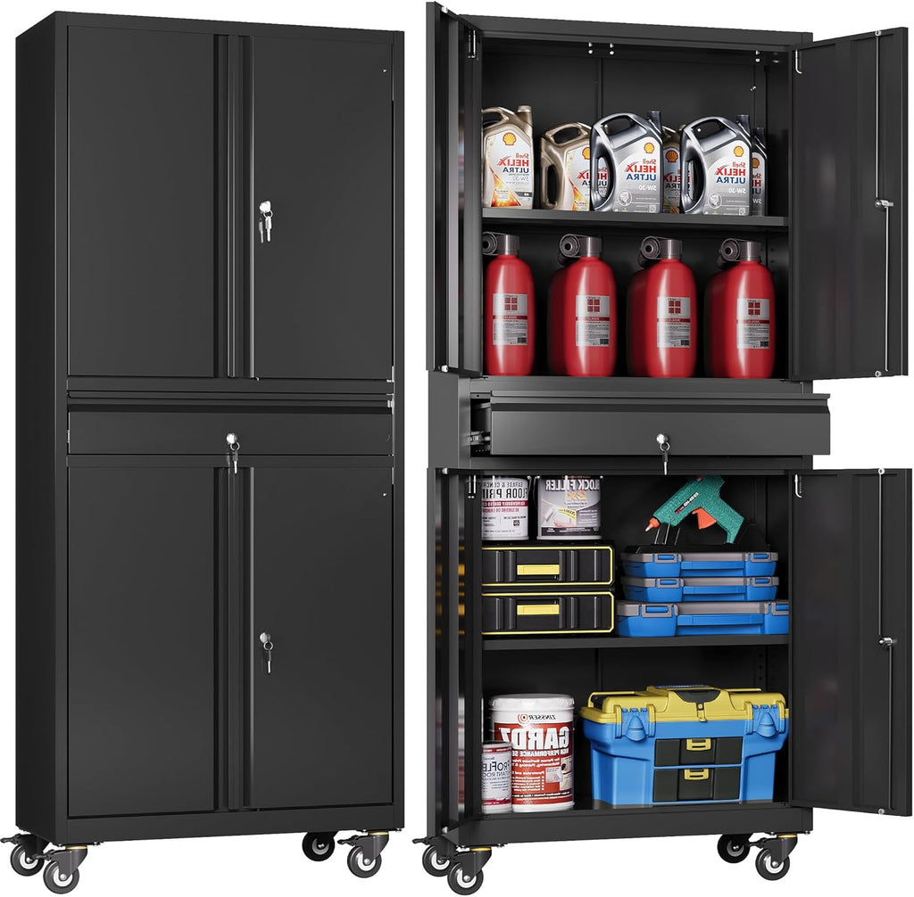 DEVAISE Metal Garage Storage Cabinet with Locking Doors and Drawer,71" Tool Cabinet with Adjustable Shelves & Wheels, 71" Steel Cabinet for Garage, Warehouse (Black)