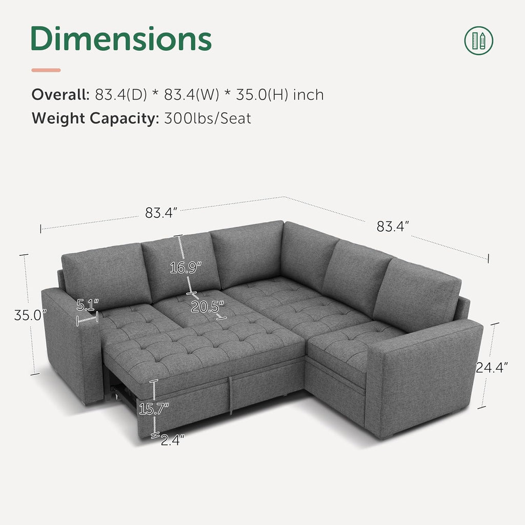 HONBAY Modular Sectional Sleeper Sofa with Pull Out Bed, Linen Convertible L Shaped Couch with Storage Seat, Sectional Couches for Living Room,Grey