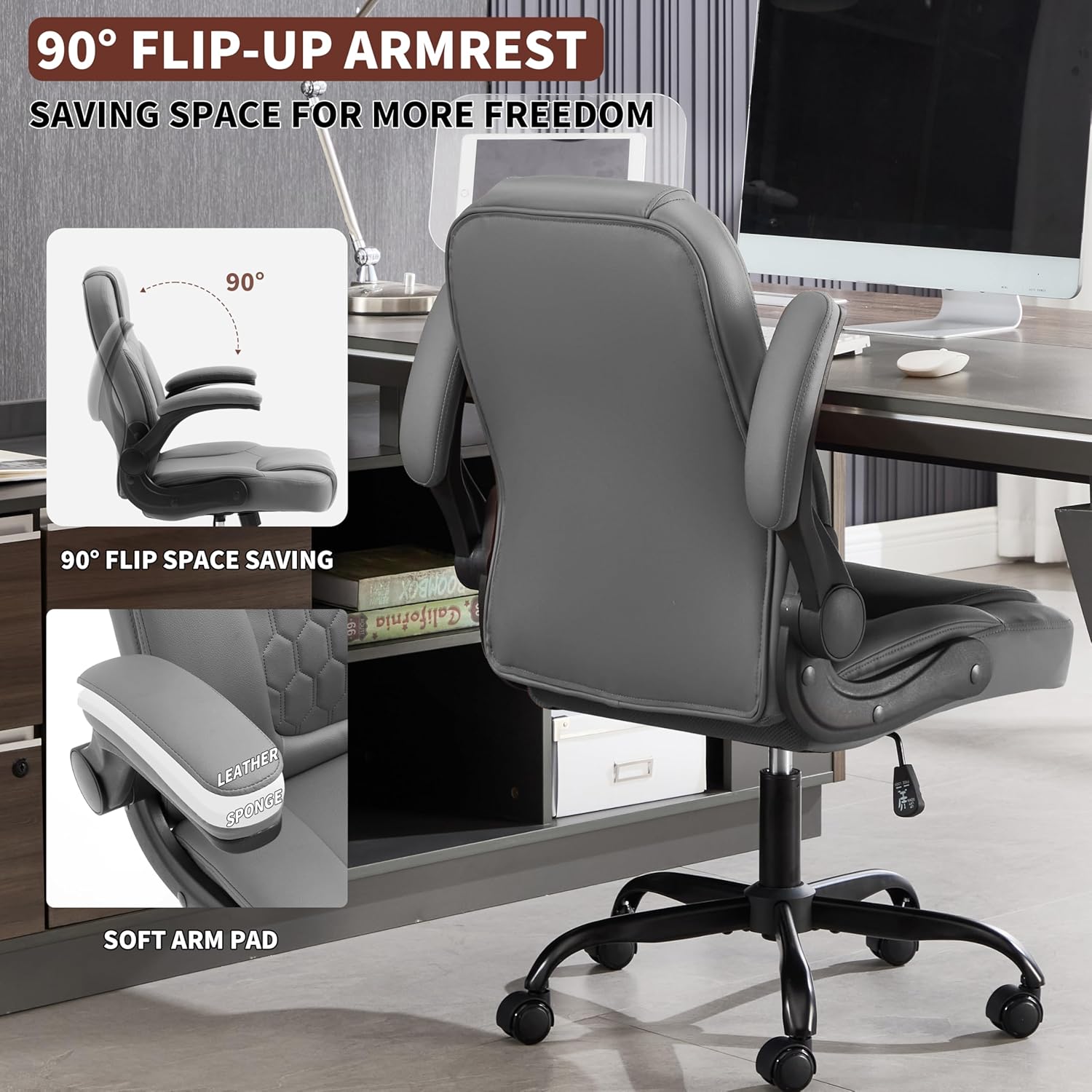 Executive Office Chair PU,Leather Office Chair with Wheels,360° Swivel Rolling Chair with Padded Arms,Ergonomic Computer Chair with Lumbar Support for Short People Use (Grey)