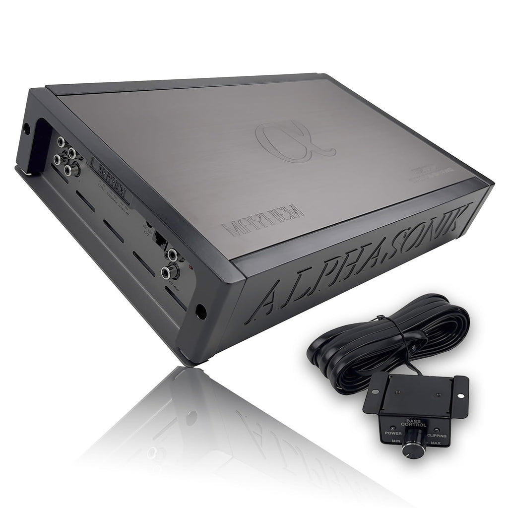 Alphasonik M2500.1D Mayhem Series High-Performance 2500W RMS Class-D High Current Monoblock Amplifier - 1 Ohm Stable  High/Low-Level Input/Output  4-Way Protection Circuitry  Bass Knob Included