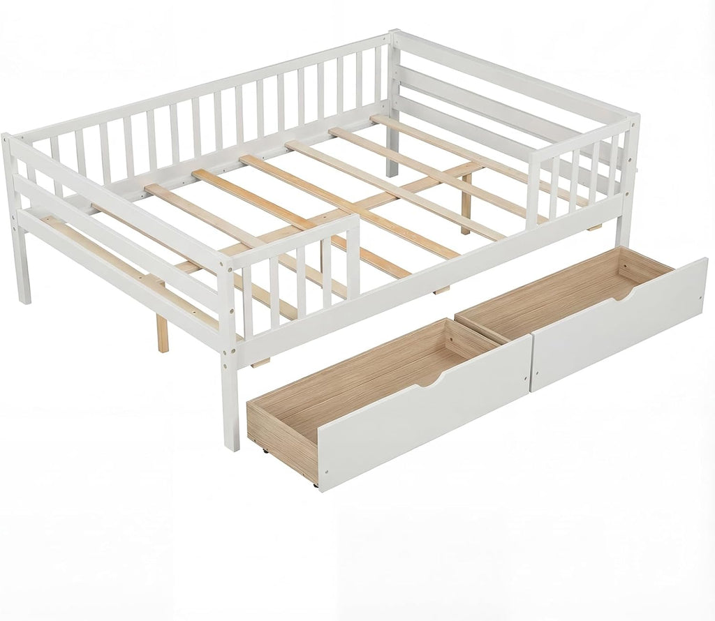Giantex Full Kids Bed with Storage Drawers, Wood Montessori Bed with Rails & Side Shelf, Low Daybed Bed Frame for Boys Girls, No Box Spring Needed (White)
