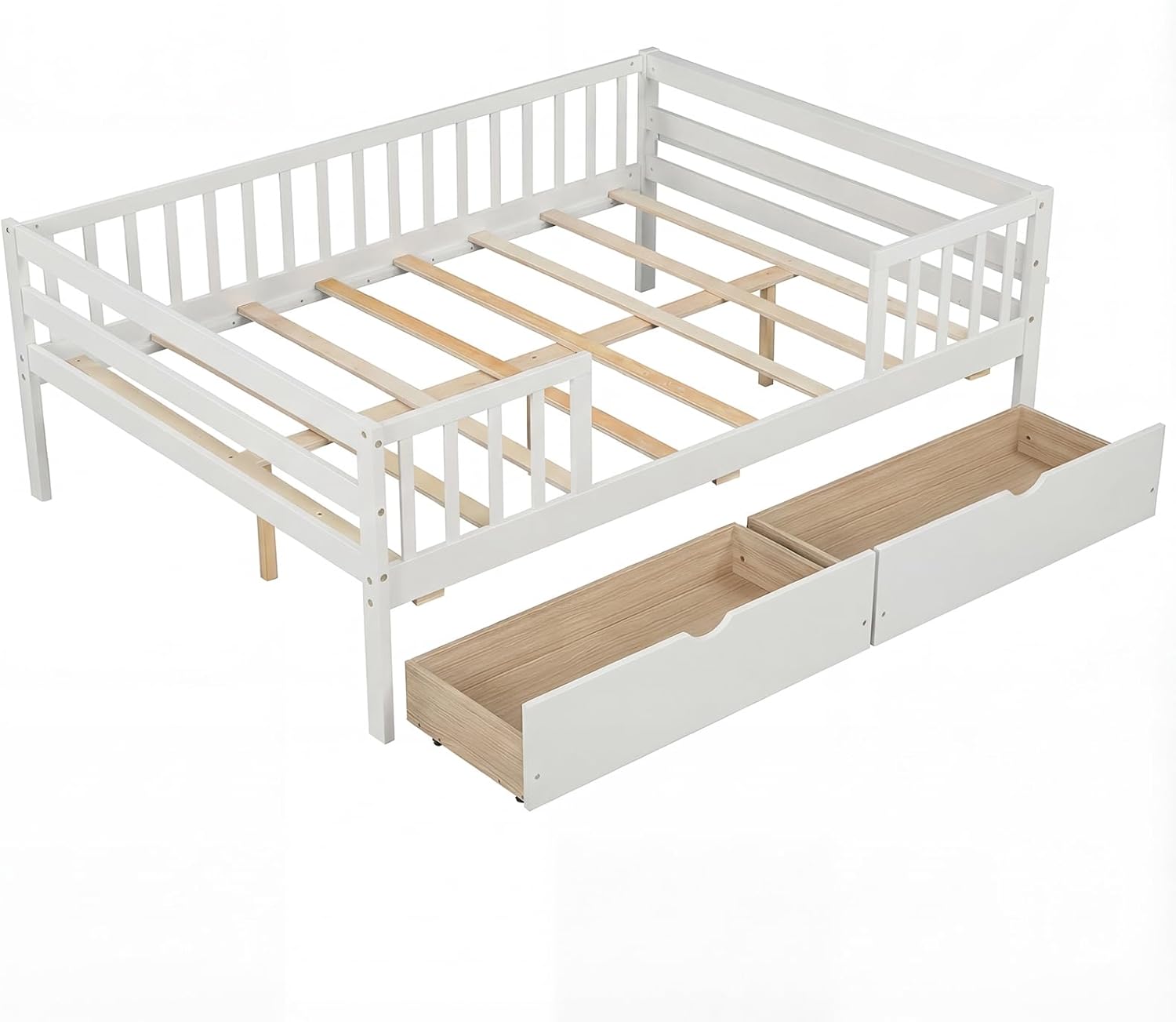 Giantex Full Kids Bed with Storage Drawers, Wood Montessori Bed with Rails & Side Shelf, Low Daybed Bed Frame for Boys Girls, No Box Spring Needed (White)