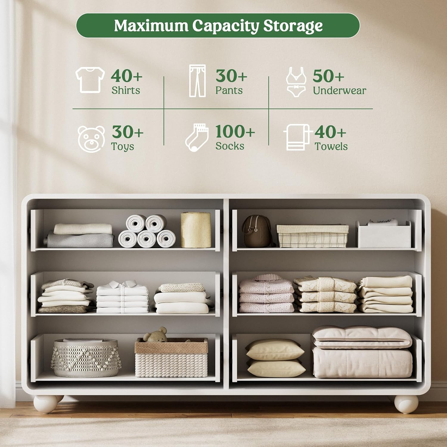Lulive Wood Dresser for Bedroom, 53” Wide Chest of Drawers with 6 Drawers, Modern Closet Storage Drawer with Curved Profile Design for Living Room, Hallway, Entryway, White