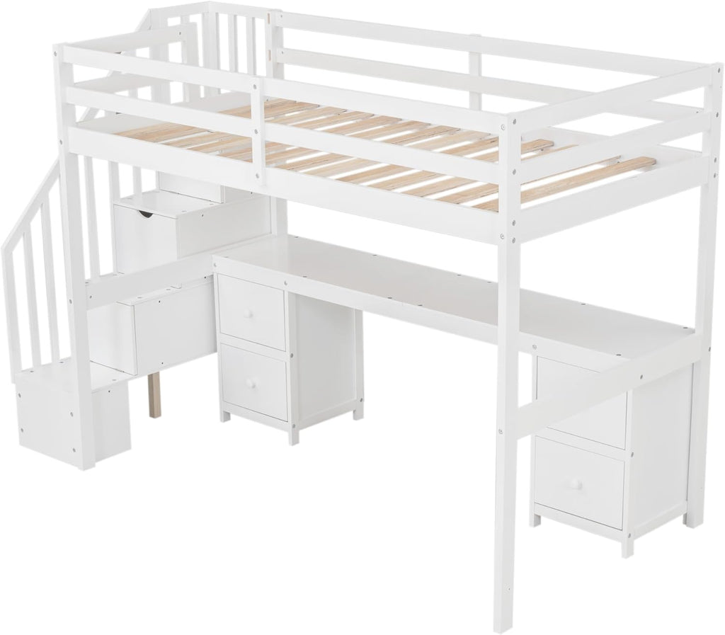 Harper & Bright Designs Low Loft Bed Twin Size with Desk, Twin Loft Bed with Drawers & Stairs & Guardrails for Kids Bedroom Guest Room, Under-Bed Space, No Box Spring Required, Space Saving, White
