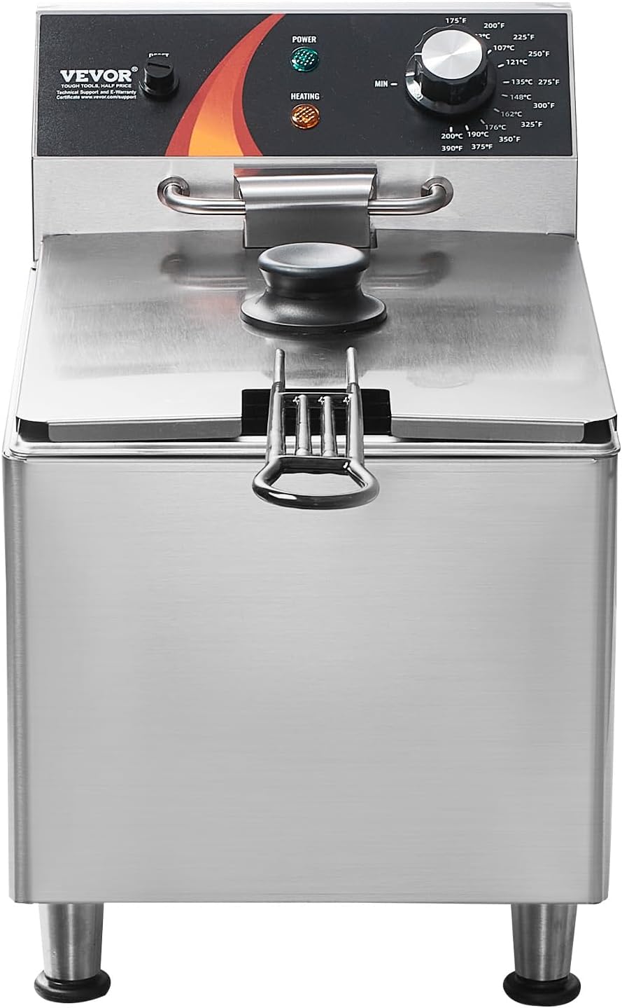 VEVOR Commercial Deep Fryer, 1750W Electric Countertop Fryer with Basket & Height-Adjustable Feet, 12Qt / 11.5L Stainless Steel Single Oil Fryer, Temp Control, Overheat Protection, for Restaurant Use