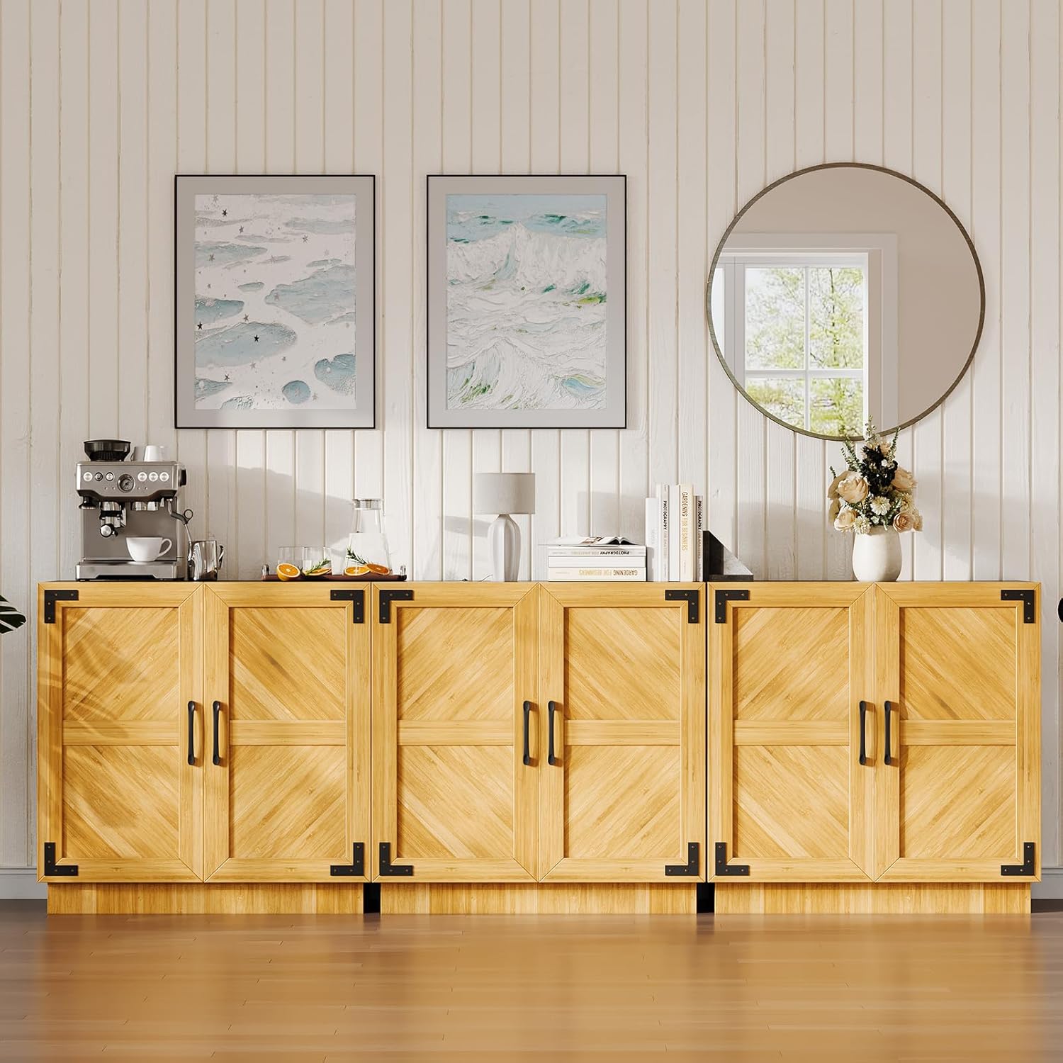 Modern Farmhouse Sideboard Buffet Cabinet - 31.5" Storage Credenza with Adjustable Shelves, Oak & Black Finish for Kitchen, Living Room, Coffee Bar