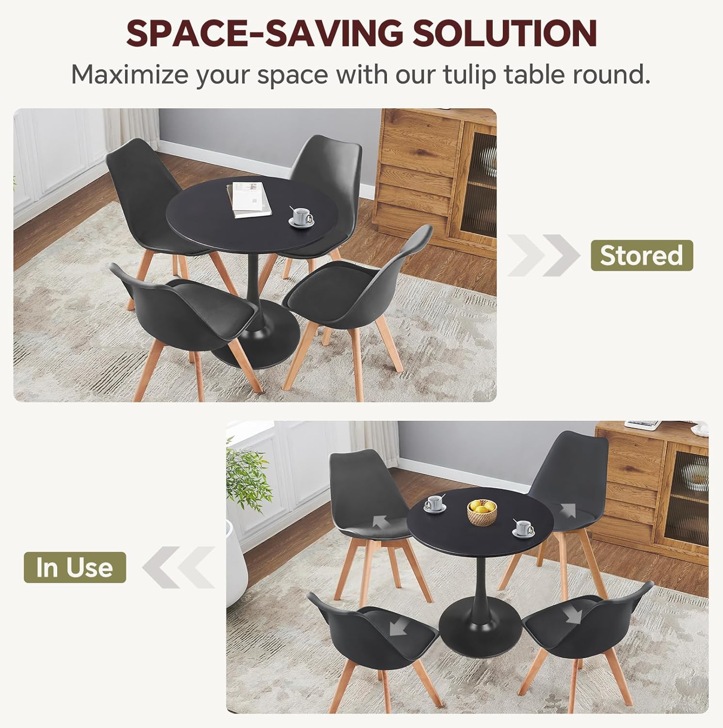Round Dining Table 27.5" Black Tulip Table with Pedestal Base for 2-4 People Small Space - Kitchen Living Room Cafe
