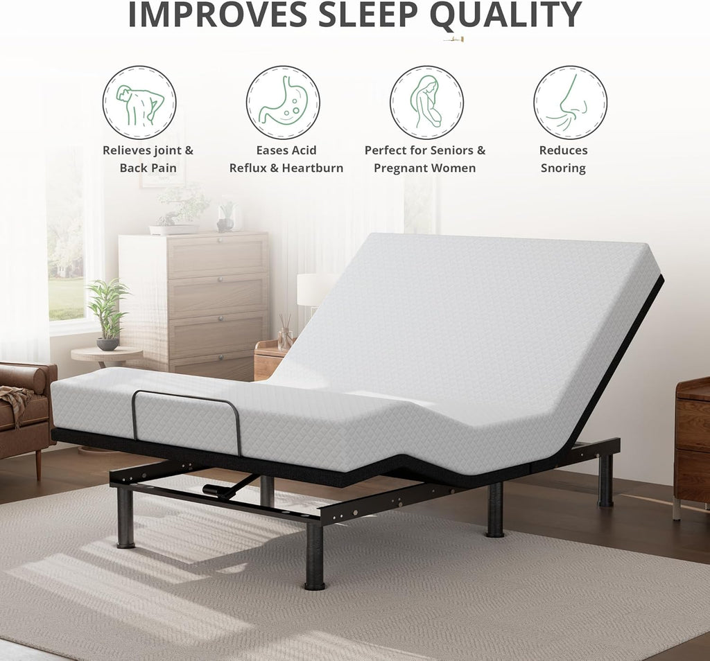 Twin XL Adjustable Bed Base Frame and 12 inch Green Tea Memory Foam Mattress, Electric Bed Base Wireless Remote, Zero Gravity Bed, Head and Foot Incline, Anti-Snore,Easy Assembly