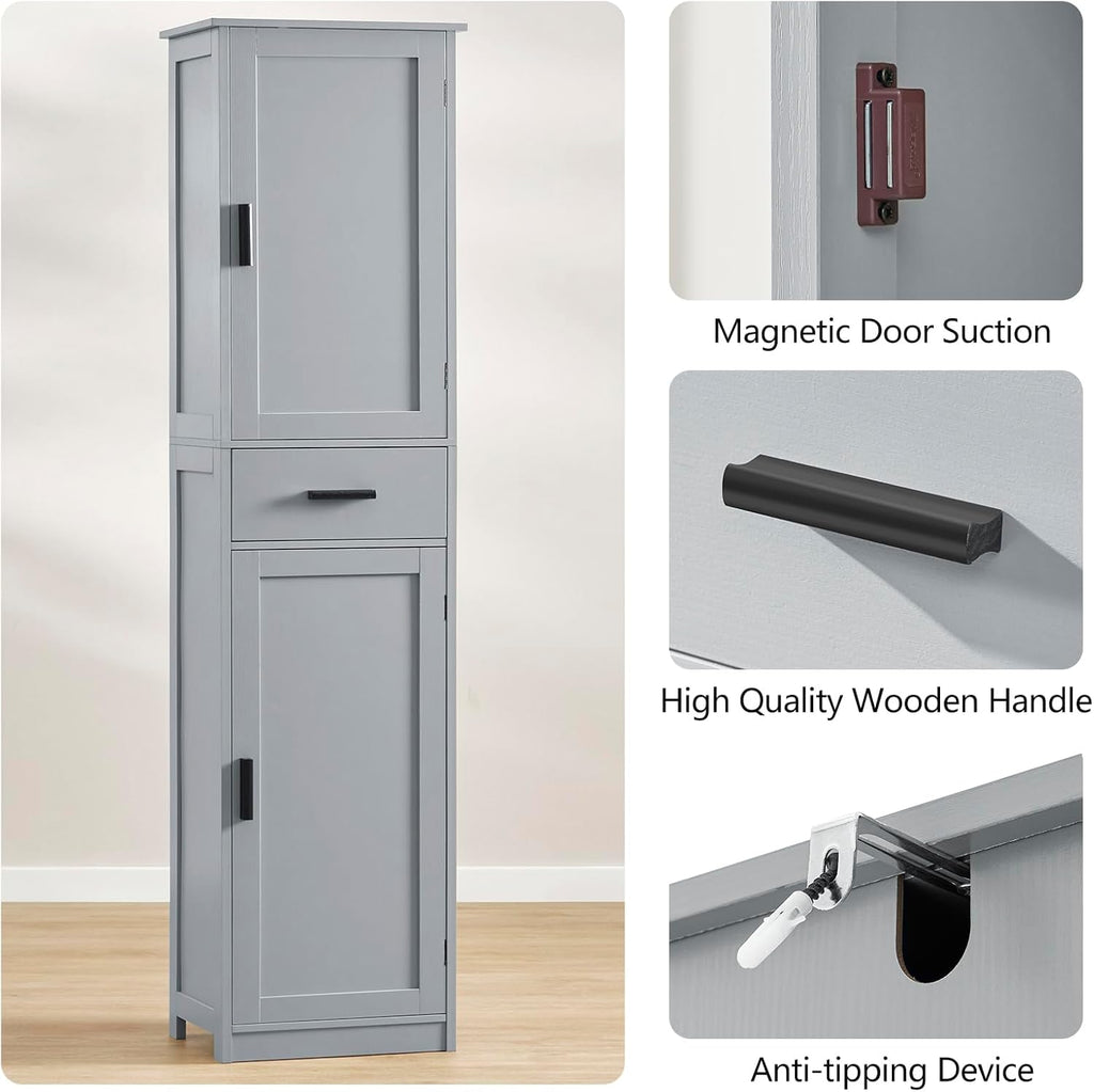 usikey 67“ Tall Bathroom Cabinet, Storage Cabinet with 4 Shelves & 2 Doors, Narrow Storage Cabinet for Bathroom, Living Room, Home Office, Greige UNSNG040G
