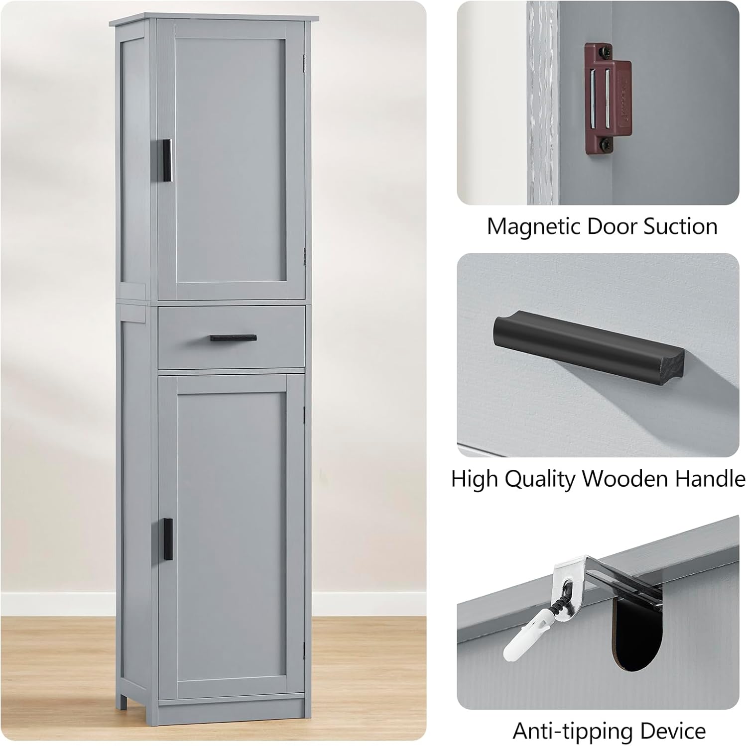 usikey 67“ Tall Bathroom Cabinet, Storage Cabinet with 4 Shelves & 2 Doors, Narrow Storage Cabinet for Bathroom, Living Room, Home Office, Greige UNSNG040G