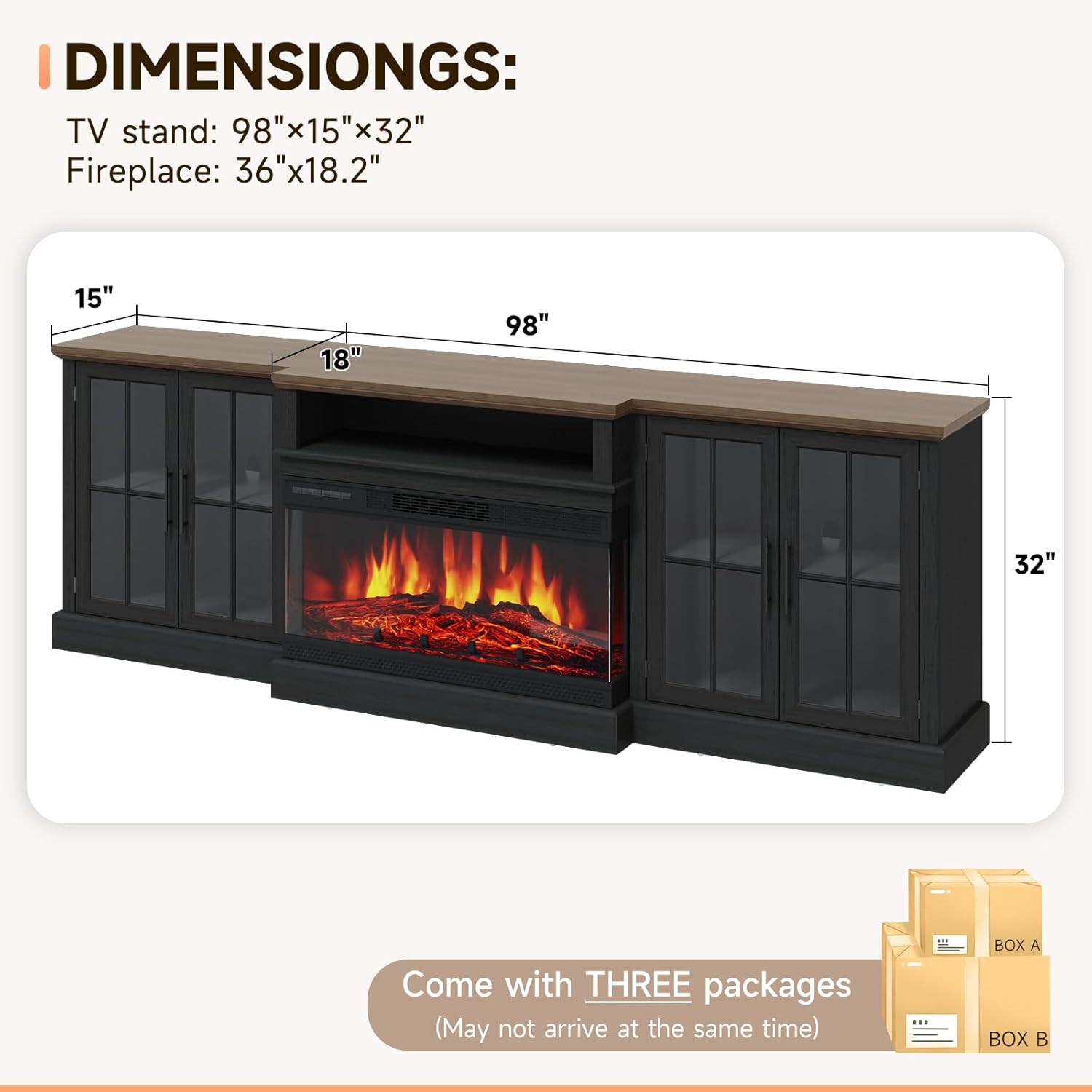 98" Farmhouse TV Stand with 36" Fireplace for Living Room,Media Entertainment Center with Adjustable Shelves and Large Storage Cabinets, TVs up to 100", Black