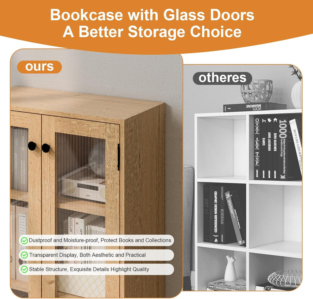 Glass Door Bookcase, Metal Display Cabinet with 2 Fixed Shelves, Wall-Mountable, Anti-Tip Safe Design, Compact Storage for Home Office, Kitchen, Living Room (Wood Tone)