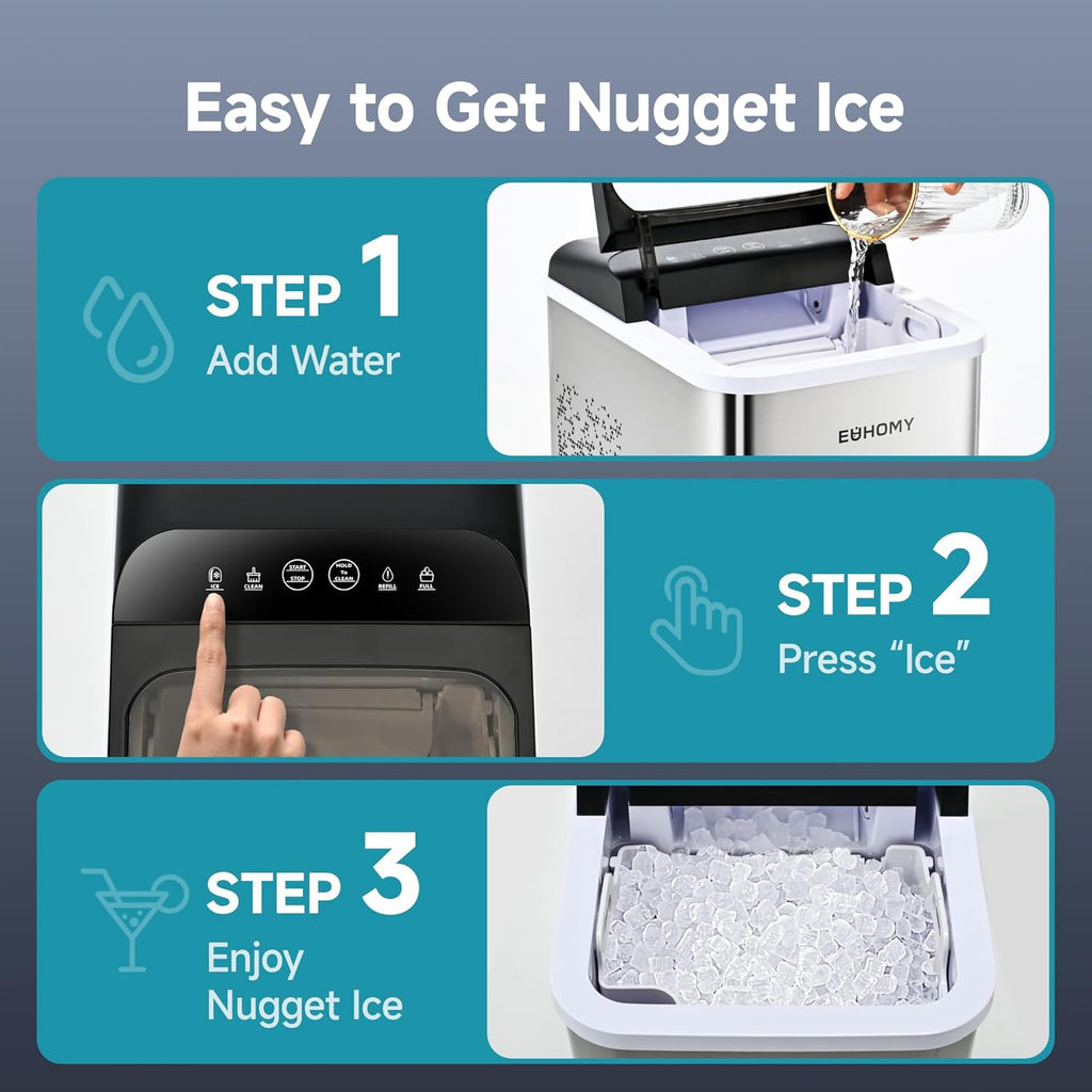 EUHOMY Nugget Ice Makers Countertop, Ready in 8 Mins, 35lbs/24H, Self-Cleaning, Portable Ice Maker Machine with Ice Scoop & Basket, Sonic Ice Maker with Chewable Pellet Ice for Home/Party/RV/Camping