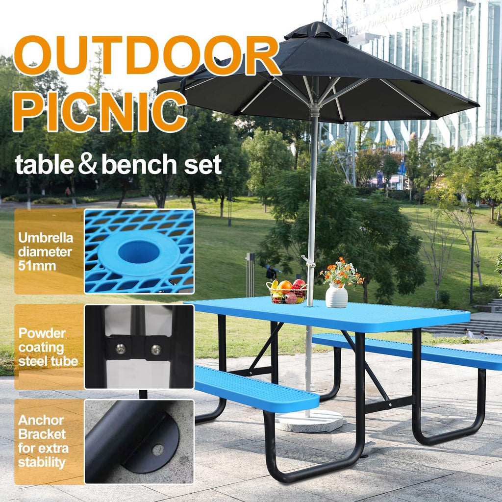 4ft Rectangular Picnic Table – Heavy-Duty Metal Mesh Outdoor Dining Table  Thermoplastic Coated Steel  Outdoor Living  Parks & Schools (Blue  4ft)