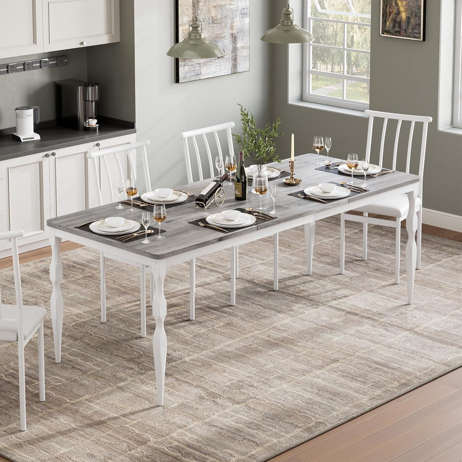 78" Modern Dining Table with Heavy-Duty Metal Legs, Farmhouse Kitchen Table for 6-8 Family, Gray Wood Top with Spindle Design for Dining Room, Home Office, Apartment