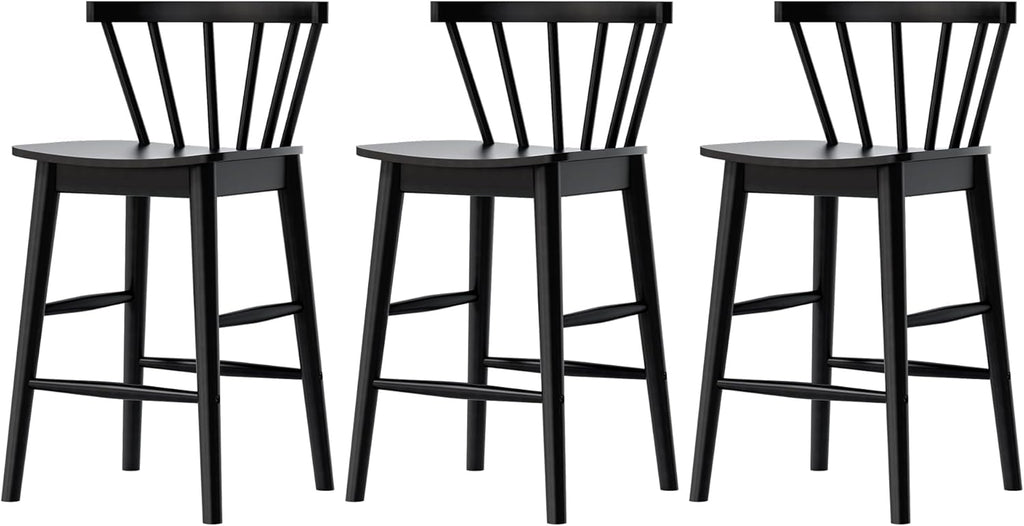 Wood Bar Stools Set of 3, 24" Barstool Farmhouse Counter Stools with Curved Back for Dining Room, Black