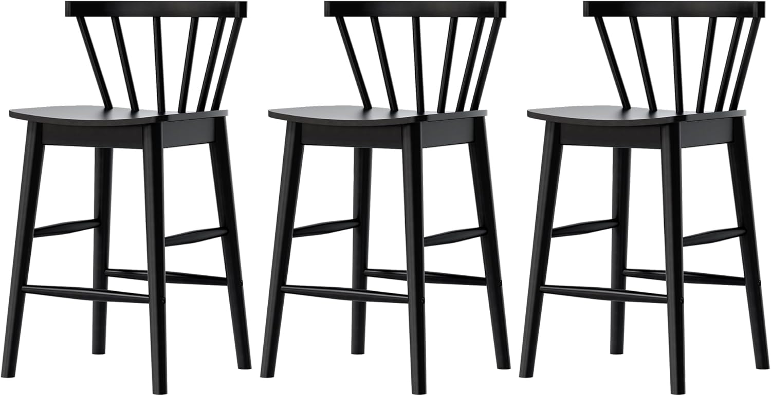 Wood Bar Stools Set of 3, 24" Barstool Farmhouse Counter Stools with Curved Back for Dining Room, Black