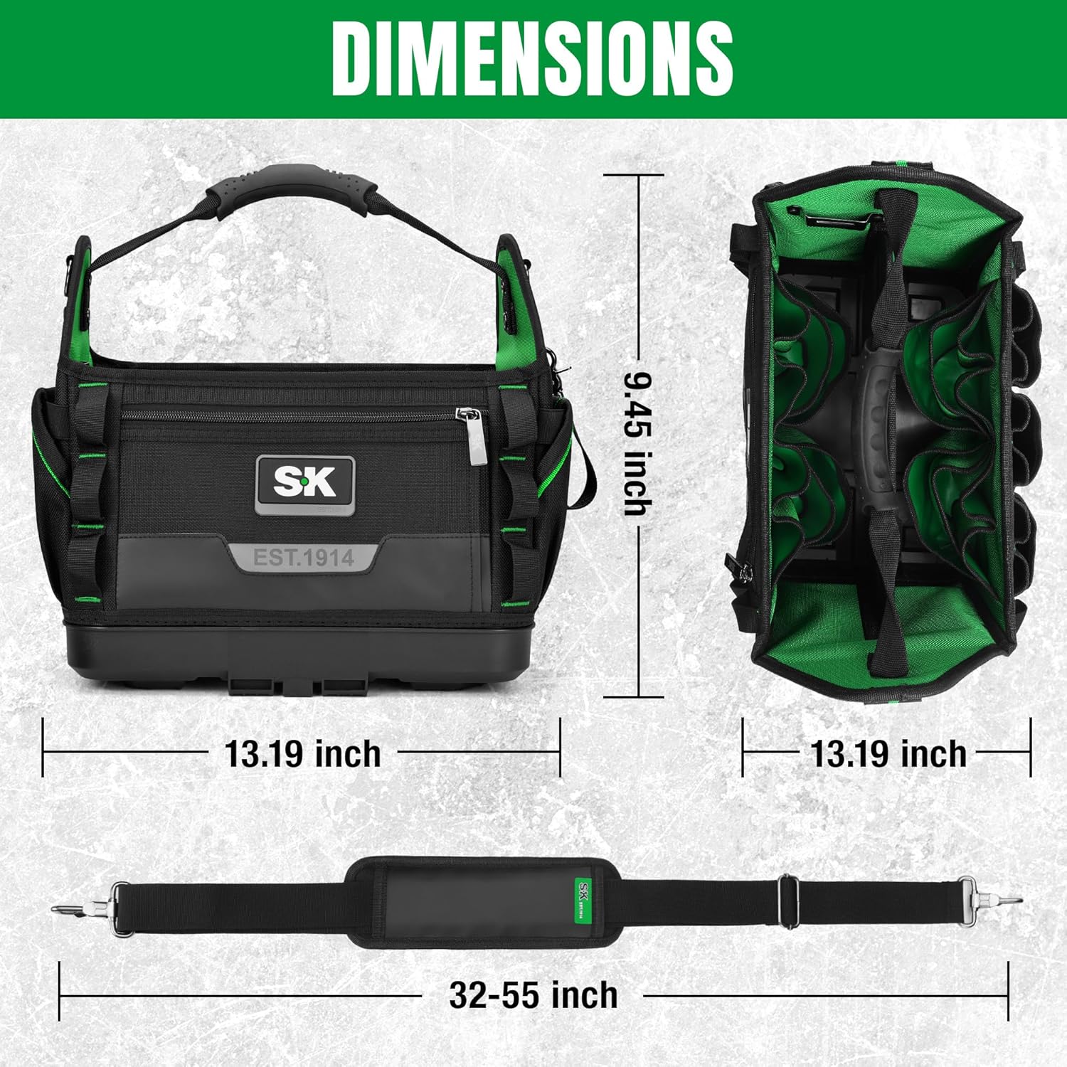 SK 15-Inch Open Top Tool Bag, Heavy Duty Tool Tote with 28 Pockets, Tool Bag Organizer with Padded Shoulder Strap and Ergonomic Handle, 1680D Fabric with Waterproof Hard Base