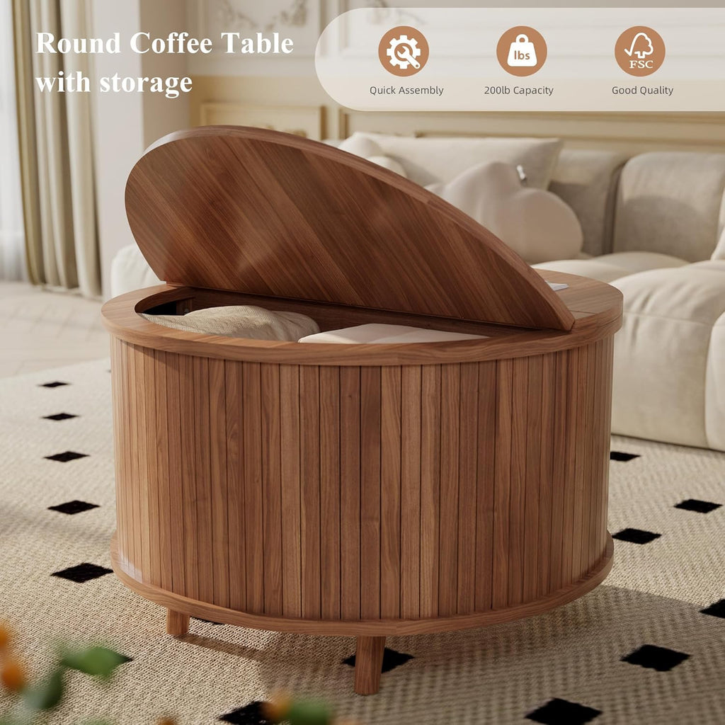 Easyego Fluted Round Coffee Table with Hidden Storage, 31.5" Mid-Century Modern Wood Drum Table for Living Room, Small Space Apartment Furniture, Walnut