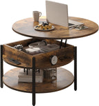 FABATO Round Lift Top Coffee Table with Storage and Hidden Compartment, 26.77'' Farmhouse Coffee Table for Living Room Reception Room, 2 Tier Small Round Coffee Table Circle Dining Table, Rustic Brown
