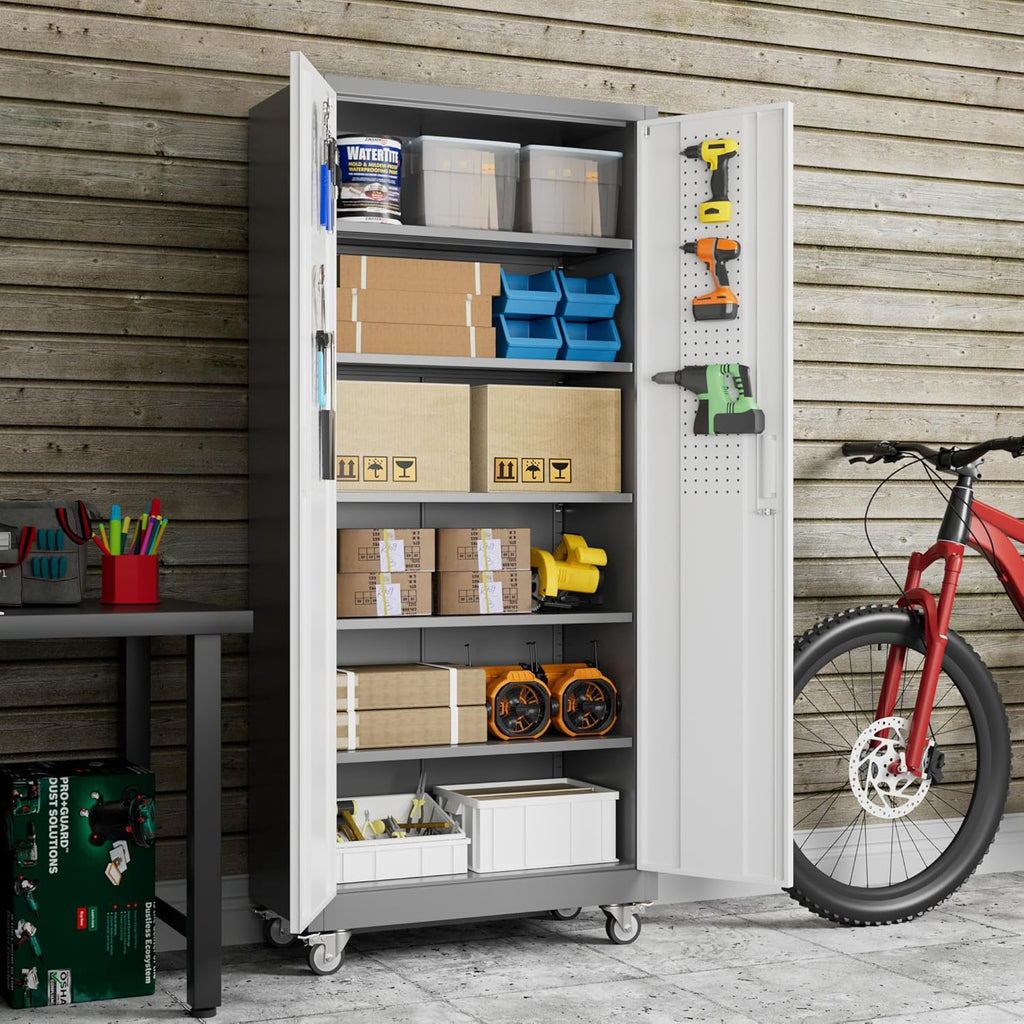 71" H Metal Storage Cabinet with Wheels and Pegboard, Lockable Steel Garage Storage Cabinet with 5 Adjustable Shelves and Door for Garage, Office, Kitchen, Assembly Required（Grey and White）