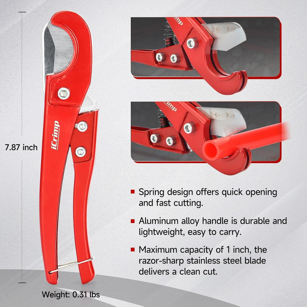 iCrimp Angle Head F1807 PEX Pipe Crimping Tool for Copper Rings - 1/2&3/4-inch Two Crimper Set with 9.5" Groove Joint Pliers, PPR Cutter, 20PCS 1/2" and 10PCS 3/4" Copper Rings