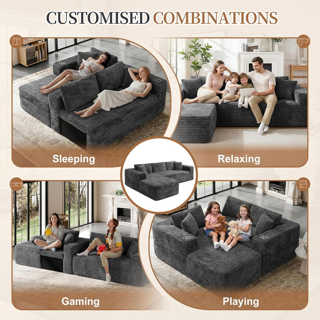 Vongrasig 103" Boneless Couches for Living Room,Sectional Couches Modular Sofa with L-Shaped Chaise, Memory Foam Comfy Cloud Couch with Plush Corduroy Fabric, No Assembly Required, Dark Grey