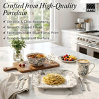 222 Fifth Adelaide Grey 16-Piece Floral Porcelain Dinnerware Set | Microwave and Dishwasher Safe Dining Set for 4 | Stackable and Chip-Resistant Plates Bowls and Cups | Gift for Housewarming & Wedding
