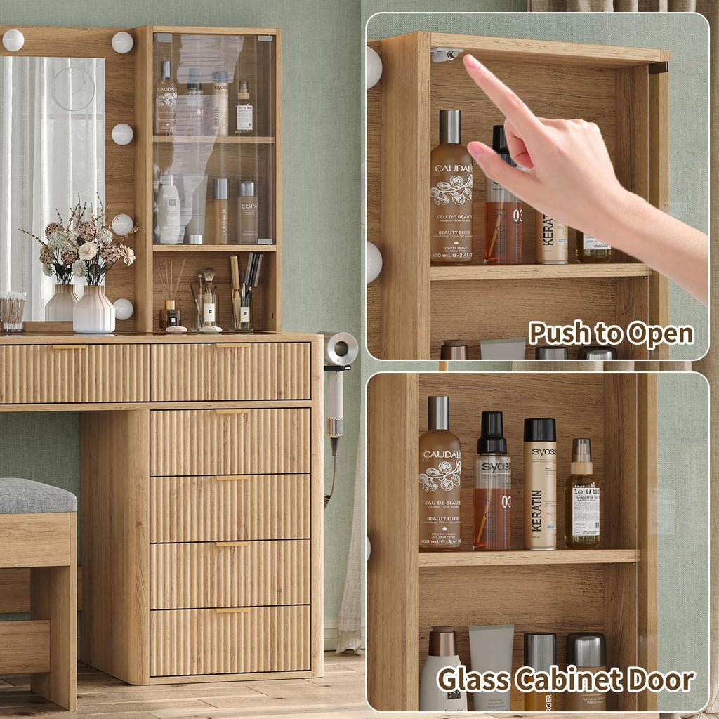47" Fluted Vanity Desk with Mirror & LED Lights, 7-Drawer Makeup Vanity with Glass Top & Cabinet, Vanity with Chair & Charging Station, 3 Lighting Modes, for Bedroom, Natural Oak