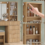 47" Fluted Vanity Desk with Mirror & LED Lights, 7-Drawer Makeup Vanity with Glass Top & Cabinet, Vanity with Chair & Charging Station, 3 Lighting Modes, for Bedroom, Natural Oak