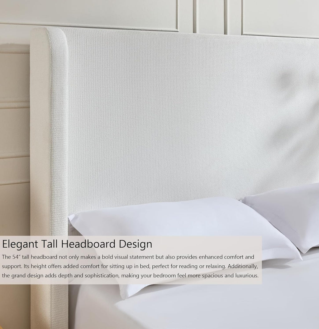 Harper 54" Extra-Tall Headboard Bed Frame - Modern Wingback Upholstered Platform Bed, 1000lbs Heavy Duty Support, Textured Chenille, No Box Spring Needed (Cream White King U.S. Standard)