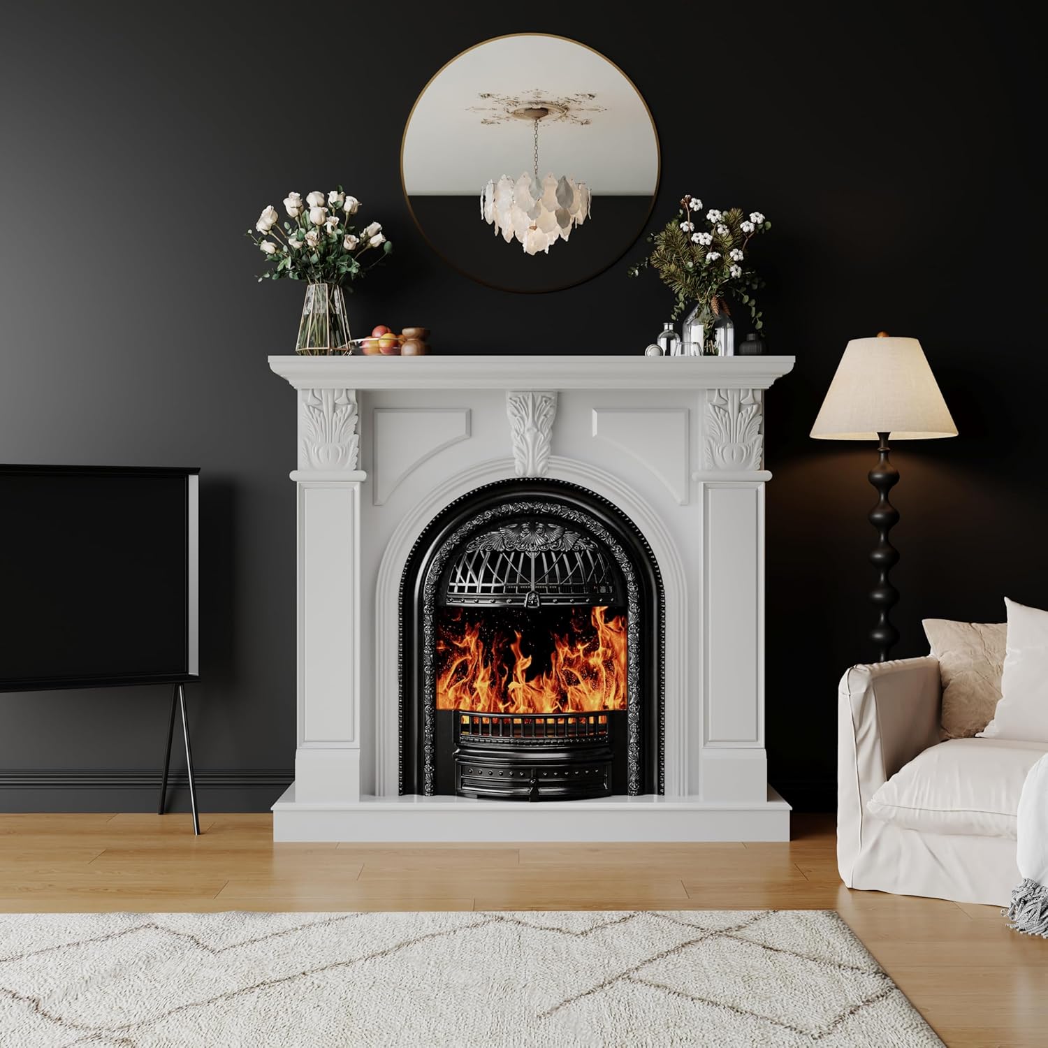 BLANKSPACE 48" Electric Fireplace with Mantel, Tv Stand with Black Birdcage Fire Place Heater and Carved Square Column Design Design for Living Room, Bedroom