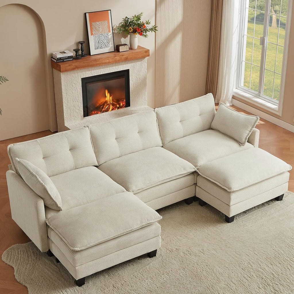 Modular Sectional Sofa, 111.5" U-Shaped Corduroy Comfy Sectional Couches for Living Room, 3-Seater Cloud Couches with 2 Movable Ottomans, Flexible Combination Modern Deep Seat Sofa (Beige)